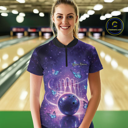 Custom Blue And Purple Butterfly Women Bowling Shirt, Ladies Bowling League Shirt IPHW10925