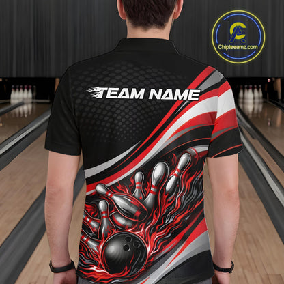 Back view of a male bowler wearing a black and red polo shirt, flame bowling strike design with dramatic pin explosion effect.