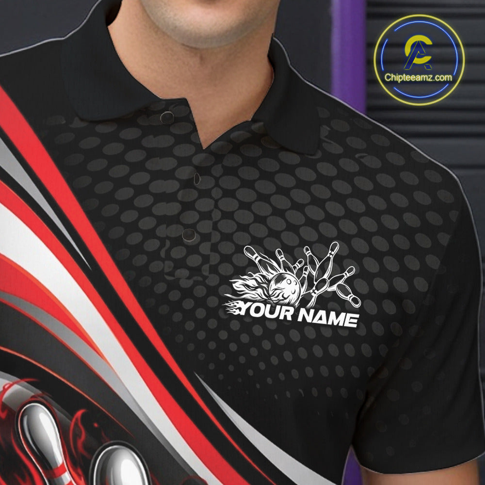 Close-up view of left chest area of a black and red polo shirt, showing small flame bowling ball and pins graphic detail.