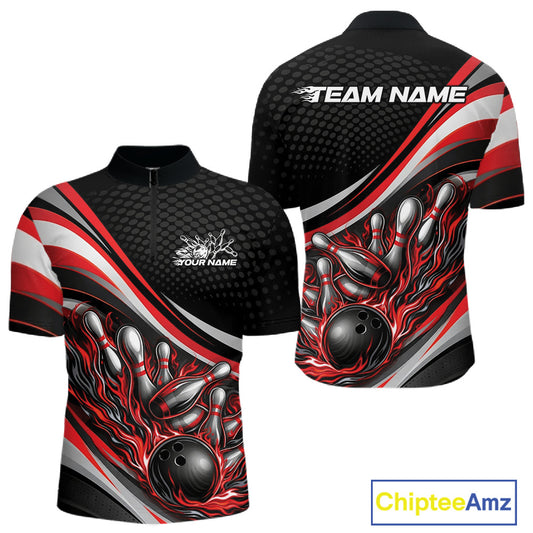 Front and back view of a men’s quarter-zip bowling shirt mockup in black and red, featuring flame bowling ball and pins action artwork.