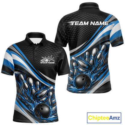 Front and back view of a men’s polo shirt mockup in black and blue, featuring flame bowling ball striking pins dynamic sports illustration.