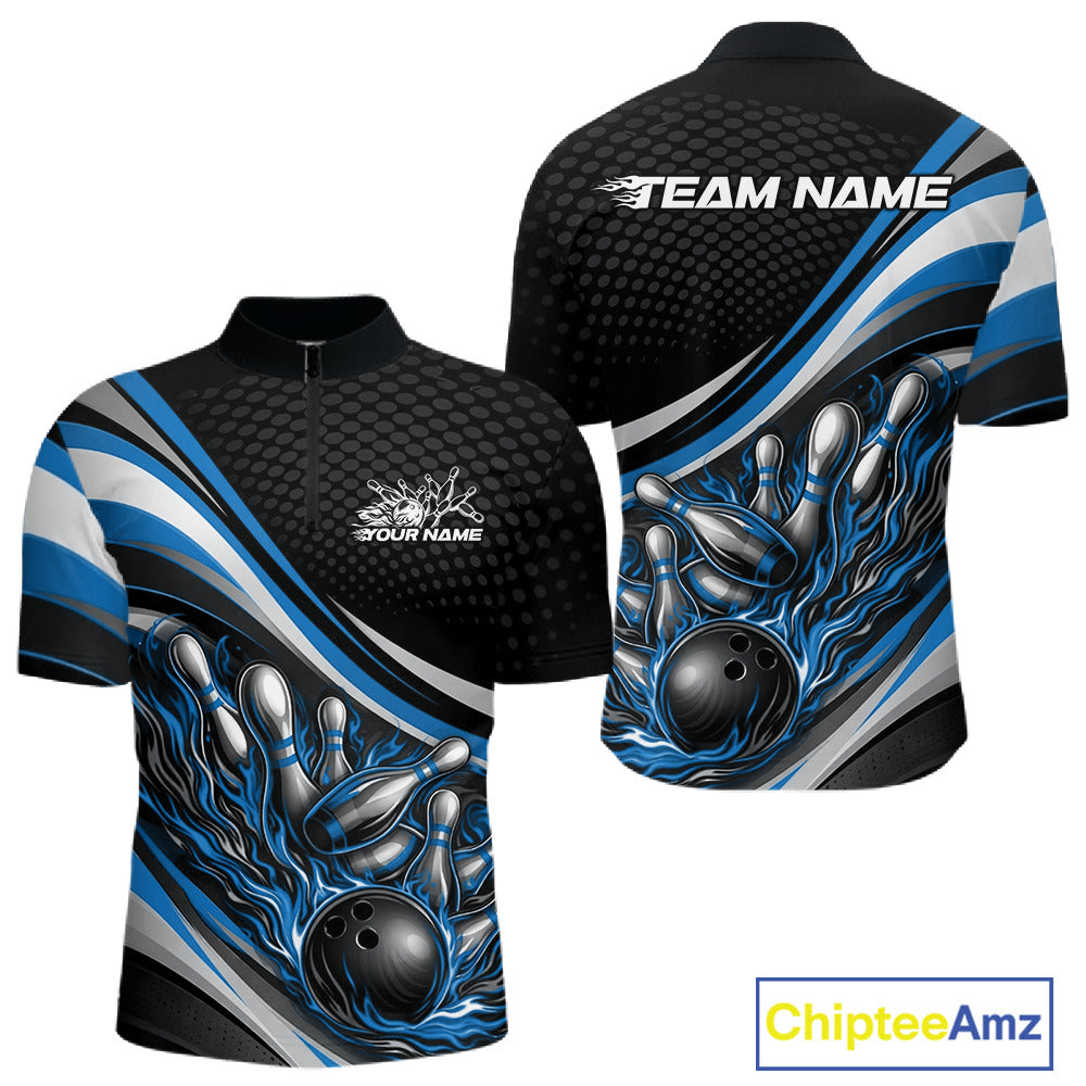 Front and back view of a men’s quarter-zip bowling shirt mockup in black and blue, featuring flame bowling ball crashing into pins artwork.