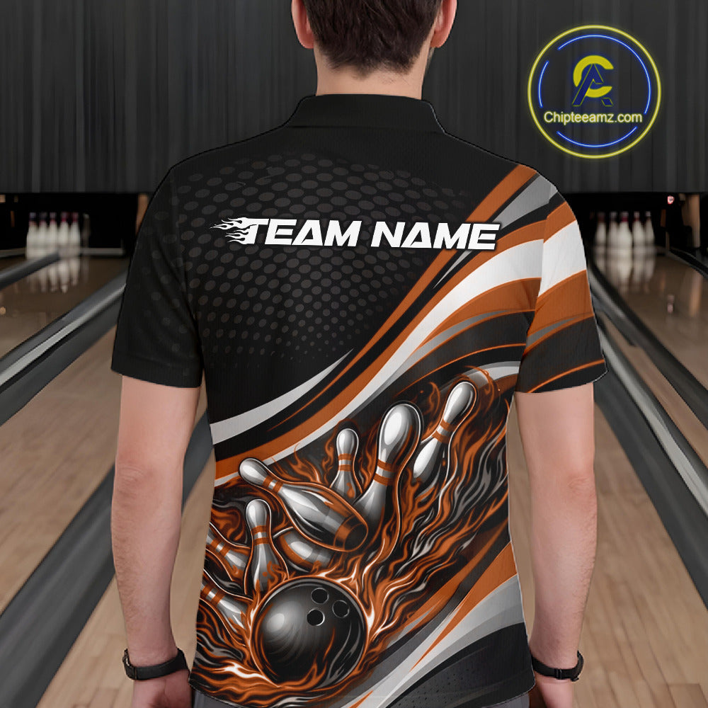 Back view of a male bowler wearing a black and orange polo shirt, flame bowling ball hitting pins with dynamic action artwork.