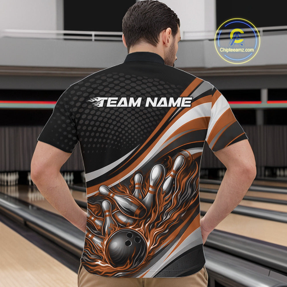 Male model in a bowling lane wearing a black and orange quarter-zip shirt, flame bowling strike illustration with explosive pin action.