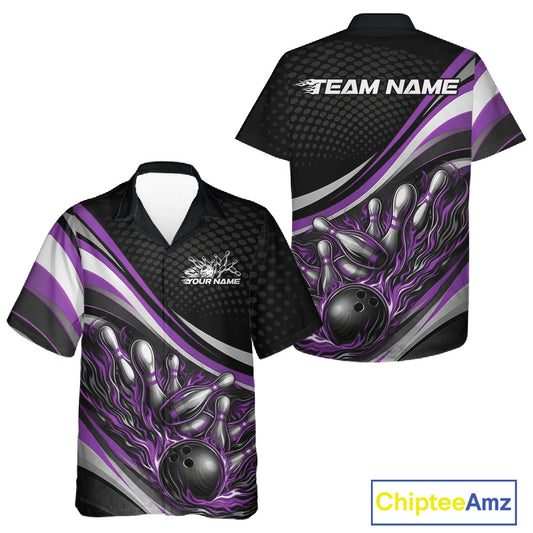 Front and back view of a button-up bowling shirt mockup in black and purple, featuring flame bowling ball and pins bold action-style artwork.