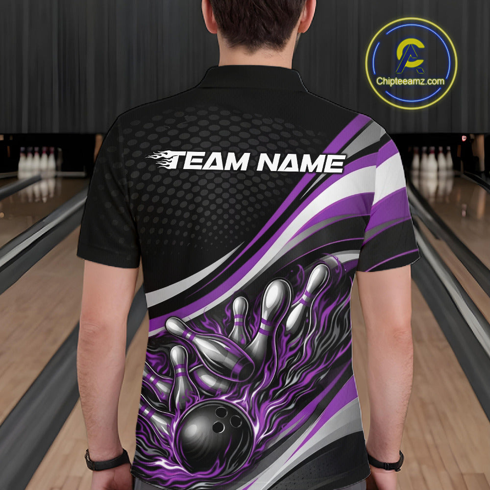 Back view of a male bowler wearing a black and purple polo shirt, flame bowling strike artwork with dramatic pin impact.