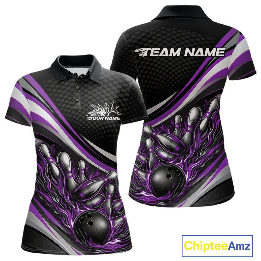 Front and back view of a women’s polo shirt mockup in black and purple, featuring flame bowling ball and pins dynamic action design.