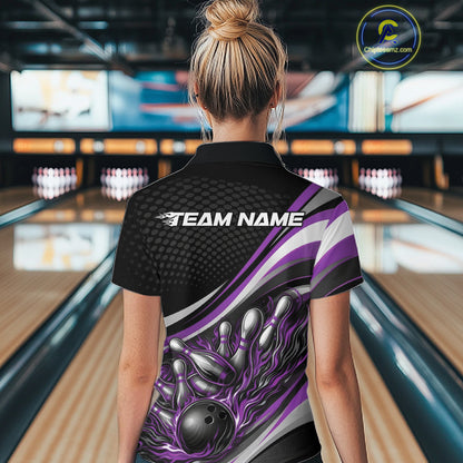 Back view of a female bowler wearing a black and purple polo shirt, flame bowling strike illustration with motion-driven pin impact.
