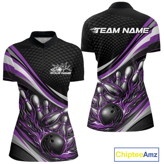 Women’s quarter zip bowling shirt mockup in black with purple accents, flame bowling ball and pins artwork on sporty apparel display