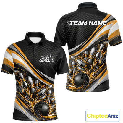 Front and back view of a men’s polo shirt mockup in black and yellow, featuring flame bowling ball striking pins dynamic sports artwork.