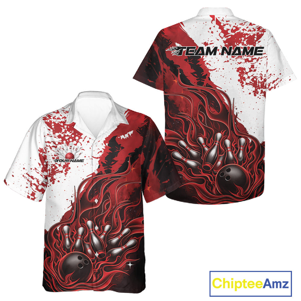 Front and back view button-up bowling shirt in black with red and white accents, flame bowling ball and pins design shown in professional studio mockup