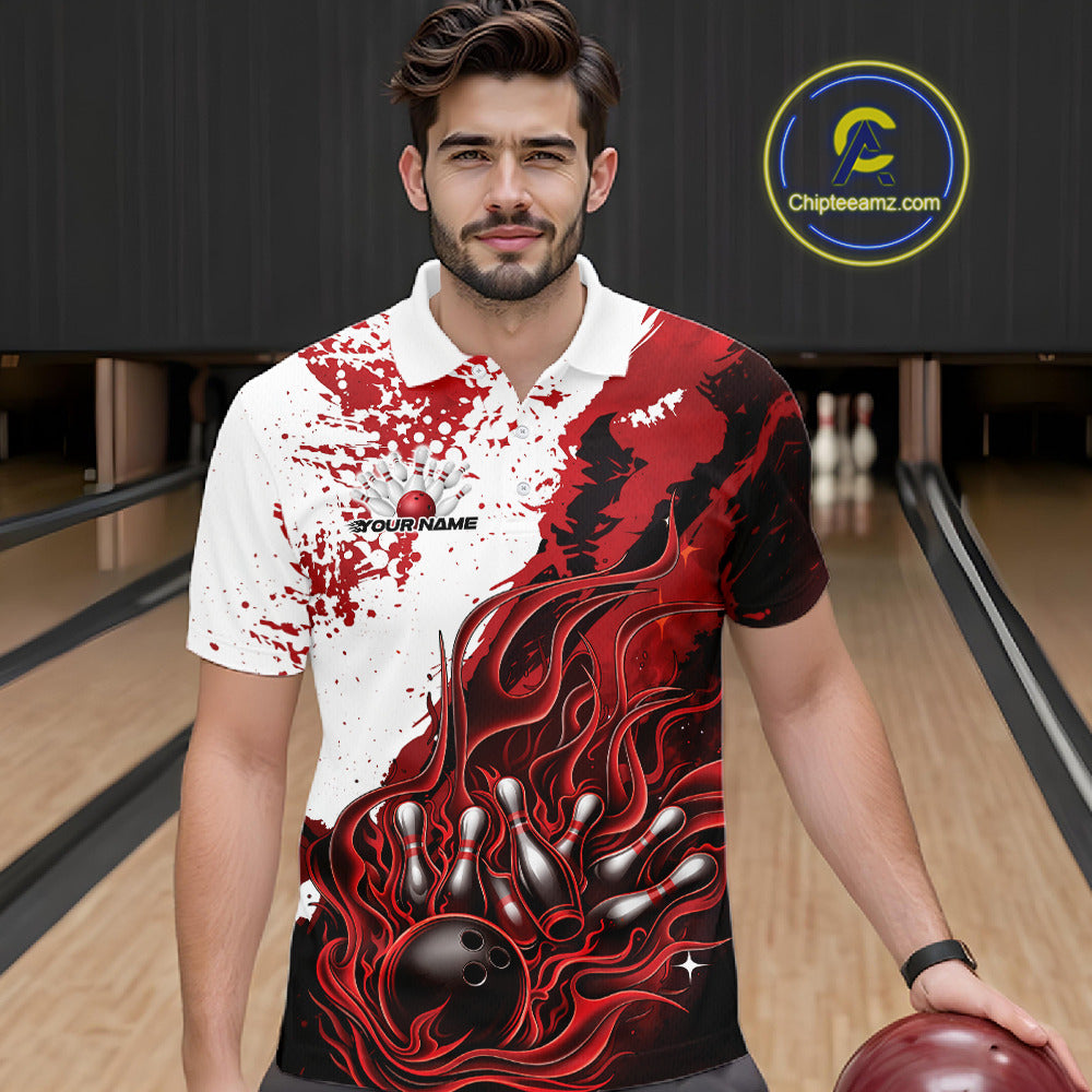 In bowling lane front view male model wearing bowling polo shirt, black base with red and white flame bowling ball and pins artwork, dynamic sports lighting