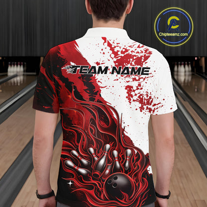 Bowling lane back view male model wearing bowling polo shirt, black base with red and white flame bowling ball and pins artwork, promotional sports atmosphere