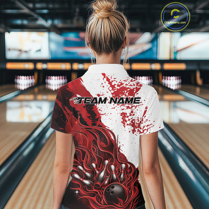 Bowling lane back view female model wearing bowling polo shirt, black red and white palette, flame bowling ball and pins artwork, athletic promotional atmosphere