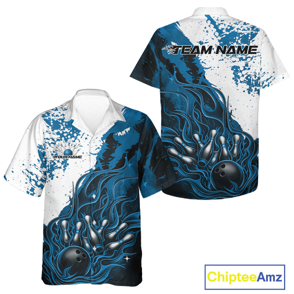 Button-up bowling shirt mockup in black with blue and white color accents, flame bowling ball and pins artwork presented in minimal ecommerce apparel layout