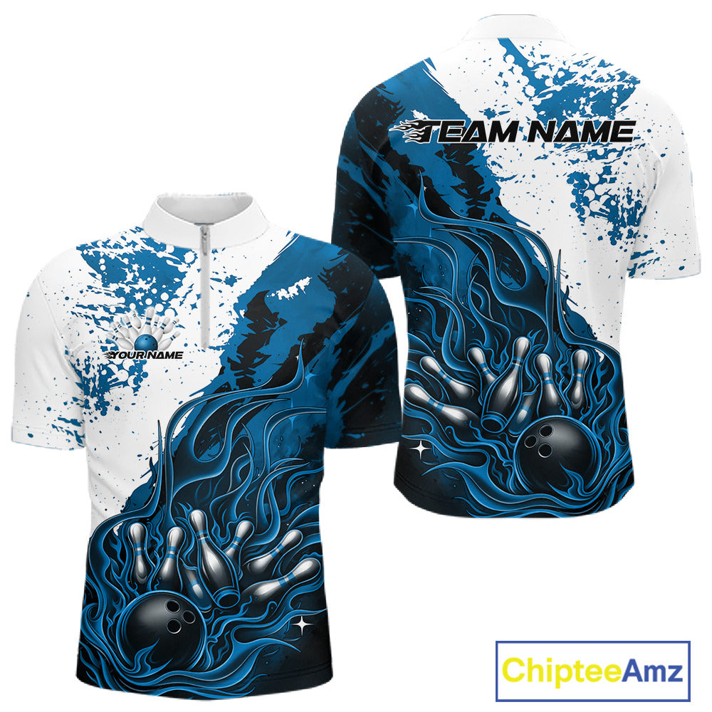 Front and back view of a mens black bowling quarter-zip shirt mockup featuring flame bowling ball and pins design in blue and white tones with athletic sports styling.