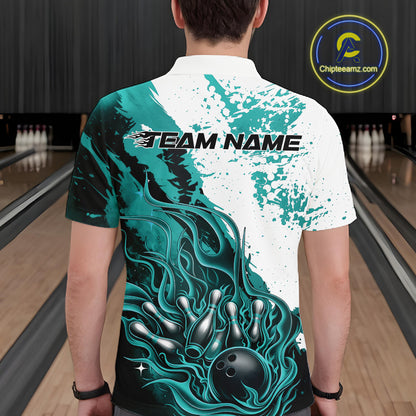 Bowling lane back view male model wearing bowling polo shirt, black base with turquoise blue and white flame bowling ball and pins artwork, promotional sports atmosphere