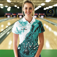 Load image into Gallery viewer, Custom Turquoise Blue Flame Bowling Women Polo Shirt, Bowling League Shirt Bowler Jerseys IPHW11244