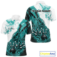Load image into Gallery viewer, Custom Turquoise Blue Flame Bowling Men Polo Shirt, Bowling League Shirt Bowler Jerseys IPHW11244
