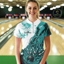 Load image into Gallery viewer, Custom Turquoise Blue Flame Bowling Women Quarter-Zip Shirt, Bowling League Shirt IPHW11244