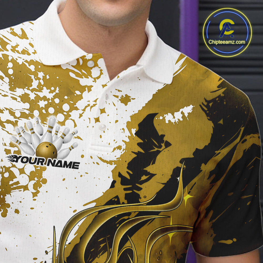 Close up left chest of bowling polo shirt, black fabric with yellow and white flame bowling ball and pins emblem, detailed apparel branding perspective