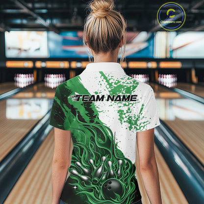 Bowling lane back view female model wearing bowling polo shirt, flame bowling ball and pins artwork, black green and white palette, athletic promotional sports scene