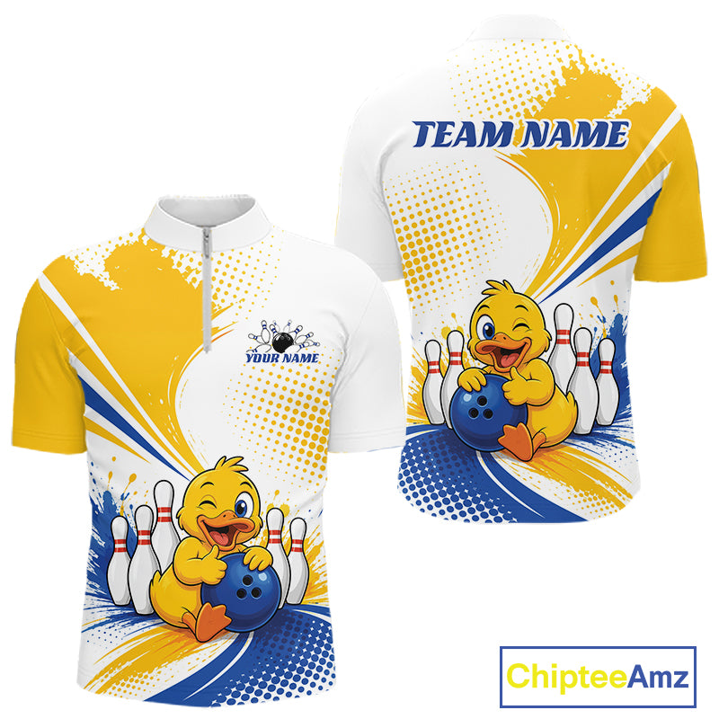Custom short-sleeve bowling-themed quarter zip shirt shown from the front and back. The design features a yellow cartoon duck holding a blue bowling ball with bowling pins, set against a white background with yellow and blue paint splatter graphics.
