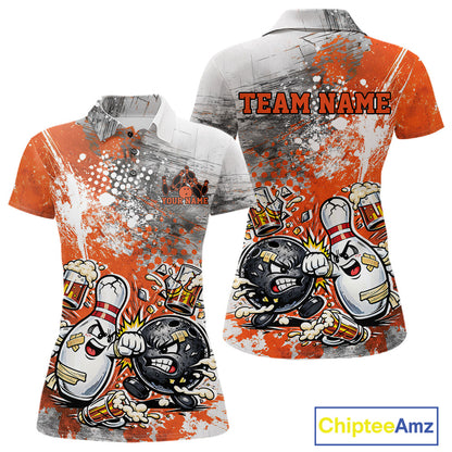 Front and back view of a womens polo shirt mockup featuring an orange and white grunge splatter background with humorous cartoon bowling ball and pin fighting graphics.