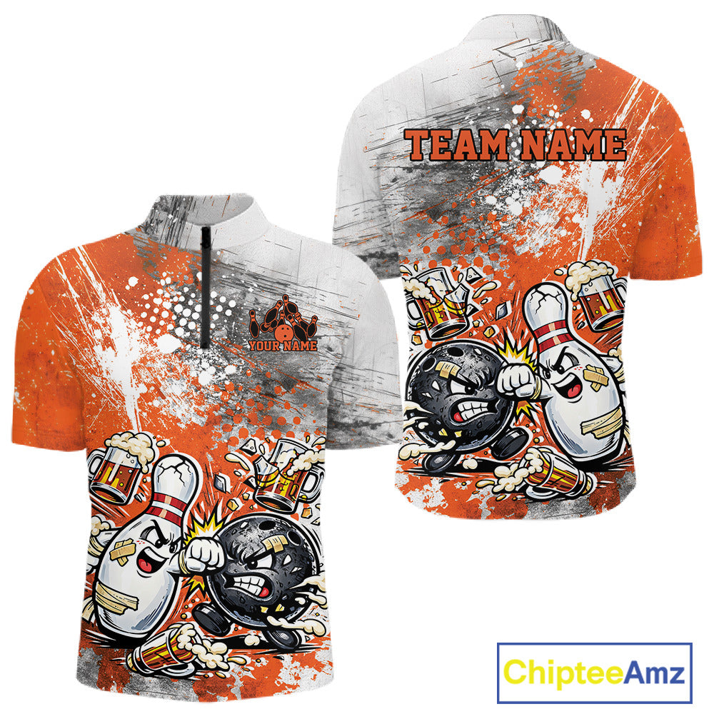 Front and back view of a mens bowling quarter-zip shirt mockup featuring an orange and white grunge splatter background with humorous cartoon bowling ball and pin fight design.