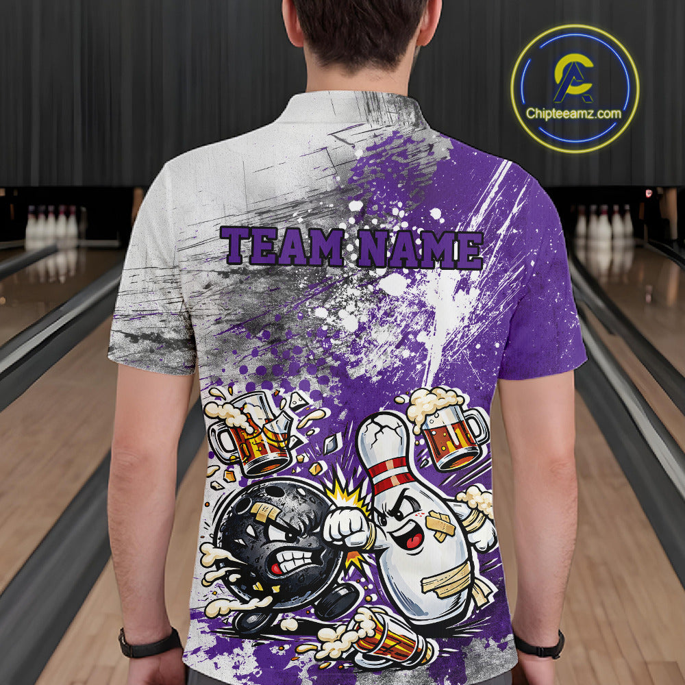 Back view of a male model in a bowling lane wearing a purple and white grunge splatter polo shirt featuring playful cartoon bowling action graphics.