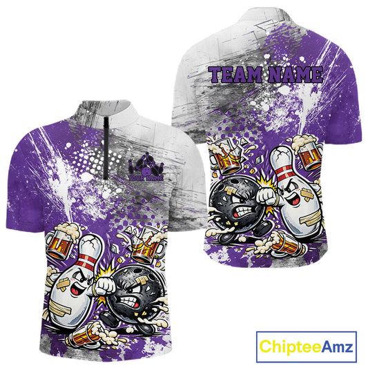 Front and back view of a mens bowling quarter-zip shirt mockup with purple and white grunge splatter background featuring a humorous cartoon bowling ball and pin fist-fighting illustration.