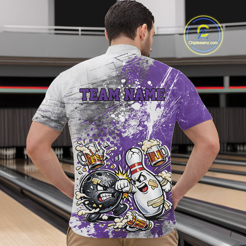 Front view of a male model in a bowling lane wearing a purple and white grunge splatter bowling quarter-zip shirt featuring humorous bowling ball and pin battle illustration.