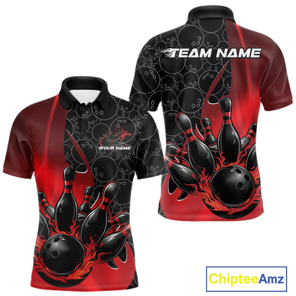 Front and back view of a mens black and red bowling polo shirt mockup featuring gradient bowling ball pattern with flaming black bowling ball striking pins.