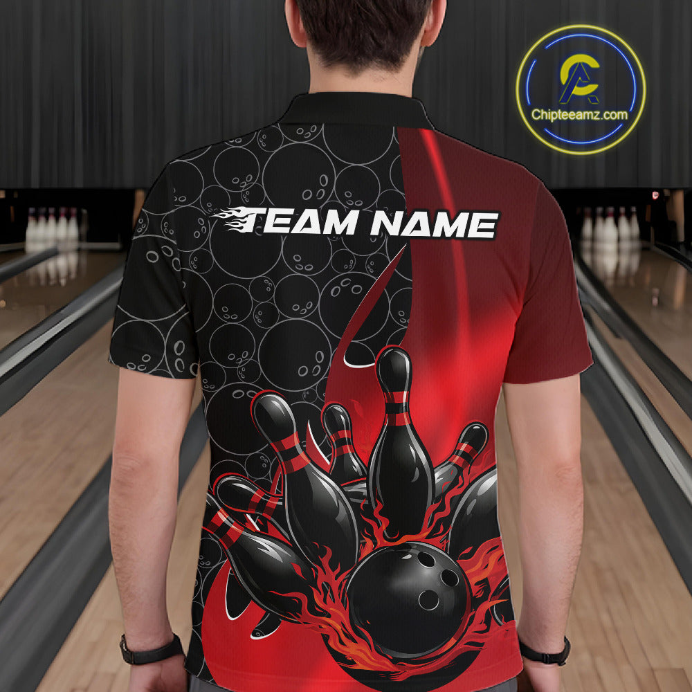 Back view of a male model in a bowling lane wearing a black and red polo shirt featuring flaming black bowling ball striking pins with athletic bowling visuals.
