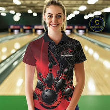 Load image into Gallery viewer, Custom Black And Red Flame Bowling Team Women Polo Shirt, Bowling Ball Pattern Jerseys IPHW11277