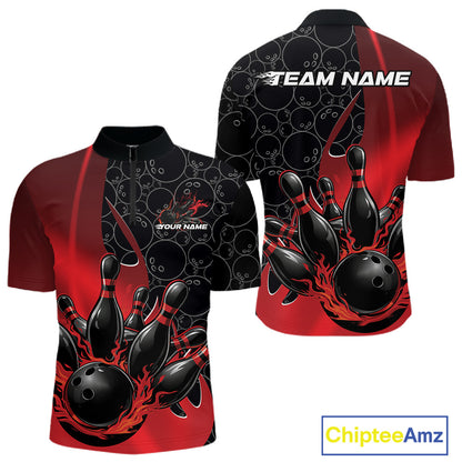 Mens quarter zip bowling shirt mockup showcasing black and red design with flaming black bowling ball striking pins and subtle gradient bowling ball pattern