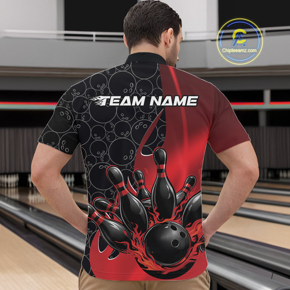 Male model in a bowling lane wearing black and red quarter zip shirt, front view featuring flaming black bowling ball striking pins dynamic sports artwork