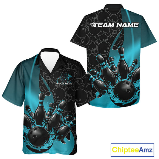 Front and back view of a black and blue button-up bowling shirt mockup featuring gradient bowling ball pattern with flaming black bowling ball striking pins dynamic sports graphics.