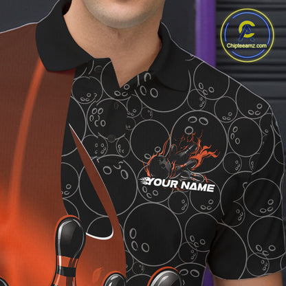 Close-up view of the left chest of a black and orange bowling polo shirt showing gradient bowling ball pattern with flaming bowling strike artwork detail.