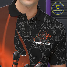 Load image into Gallery viewer, Custom Black And Orange Flame Bowling Team Men Polo Shirt, Bowling Ball Pattern Jerseys IPHW11279