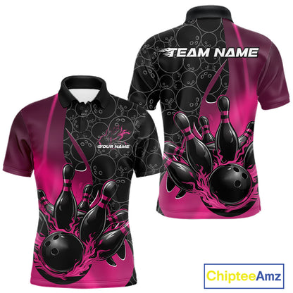 Front and back view of a mens black and pink bowling polo shirt mockup featuring gradient bowling ball pattern with flaming black bowling ball striking pins.