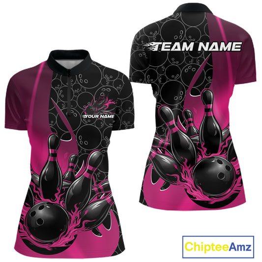 Womens quarter zip bowling shirt mockup displaying black and pink colorway with gradient bowling ball pattern and flaming black ball striking pins artwork