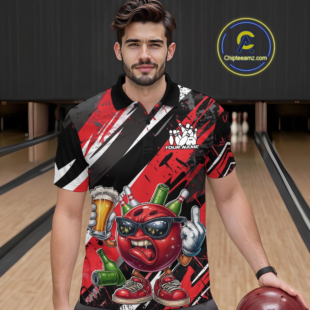 Custom Funny Bowling Ball Drink Beer Bowling Men Polo Shirt, Grunge Red Team Shirt IPHW10117