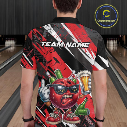 Custom Funny Bowling Ball Drink Beer Bowling Men Polo Shirt, Grunge Red Team Shirt IPHW10117
