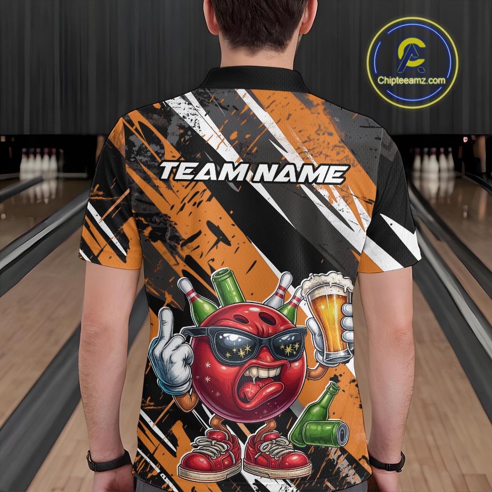 Custom Funny Bowling Ball Drink Beer Bowling Men Polo Shirt, Grunge Orange Team Shirt IPHW10118