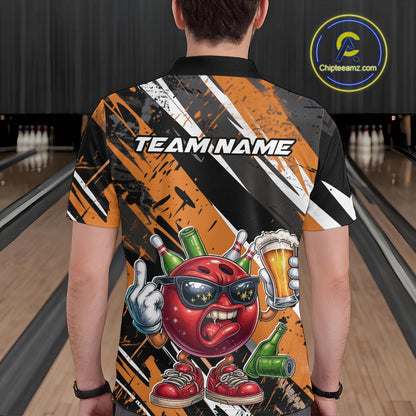 Custom Funny Bowling Ball Drink Beer Bowling Men Polo Shirt, Grunge Orange Team Shirt IPHW10118