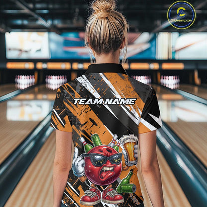 Custom Funny Bowling Ball Drink Beer Bowling Women Polo Shirt, Grunge Orange Team Shirt IPHW10118