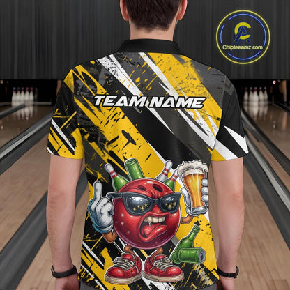 Custom Funny Bowling Ball Drink Beer Bowling Men Polo Shirt, Grunge Yellow Team Shirt IPHW10119