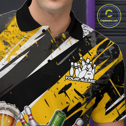 Custom Funny Bowling Ball Drink Beer Bowling Men Polo Shirt, Grunge Yellow Team Shirt IPHW10119