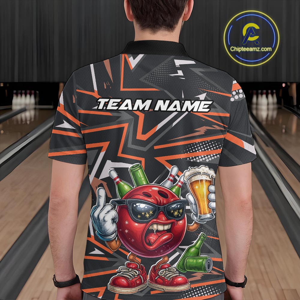 Custom Funny Bowling Ball Drink Beer Bowling Men Polo Shirt, Orange Bowling Team Shirt IPHW10121